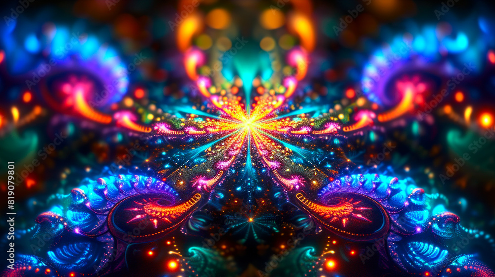 Psychedelic kaleidoscopic fractal glowing with neon lights Psychedelic kaleidoscopic fractal glowing with neon lights