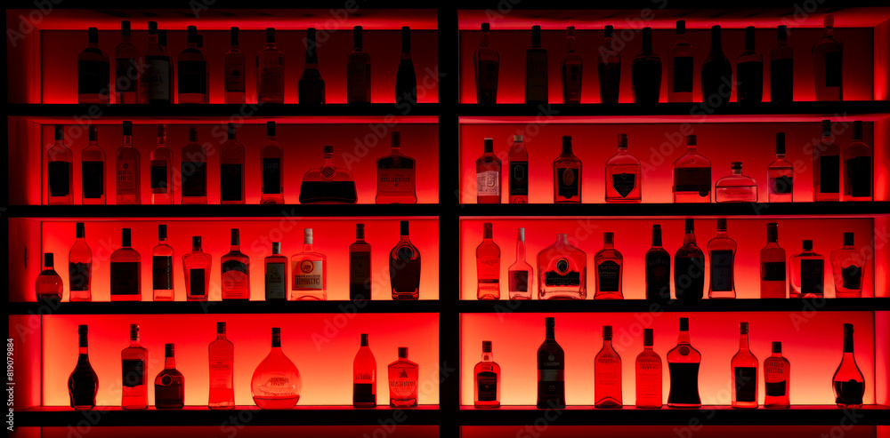 Back lit bottles in a cocktail bar, vibrant neon red light Back lit bottles in a cocktail bar, vibrant neon red light