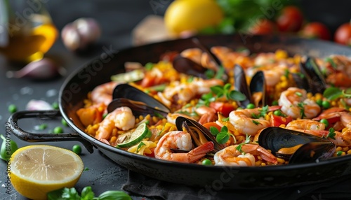Paella With Shrimp and Vegetables in a Pan photo