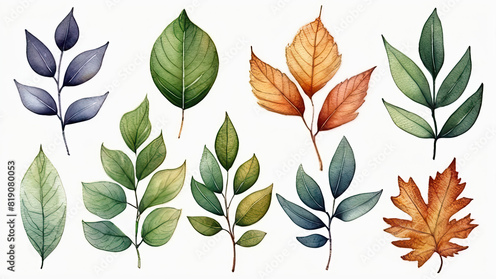 watercolor set of nine leaf-type paintings