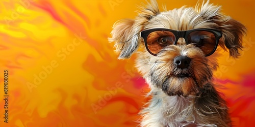 Puppy in sunglasses against vibrant background with AI elements. Concept Puppy Portraits, Sunglasses Fashion, Vibrant Backdrops, AI Elements, Colorful Photography