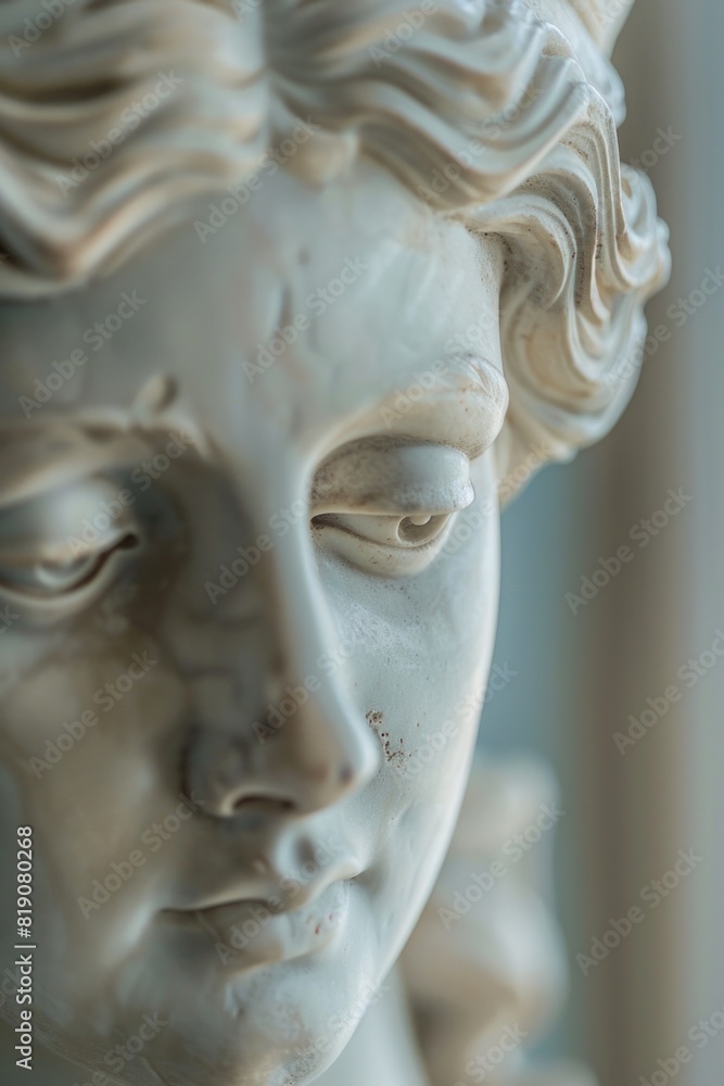 Detailed close-up of a statue depicting a woman's face. Ideal for art and history concepts