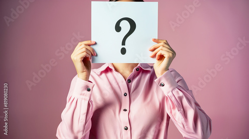 A woman holding up an empty white card with the question mark symbol on it in front of her face