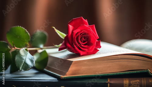 A red rose is placed on top of an open book photo