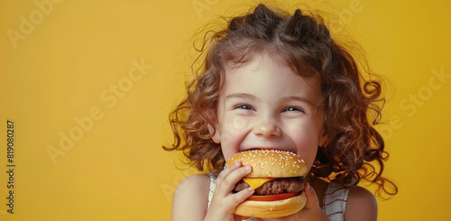 Little Girl Eating Hamburger on Yellow Background