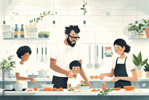 Illustration of a family cooking together in a modern kitchen. The father, mother, and two children are preparing food, creating a warm and collaborative atmosphere. Ingredients and utensils are sprea