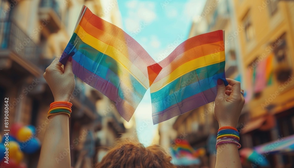 A person holding two rainbow flags in their hands by AI generated image A person holding two rainbow flags in their hands by AI generated image
