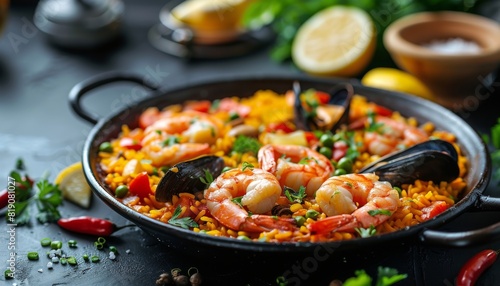 Paella With Shrimp and Vegetables in a Pan