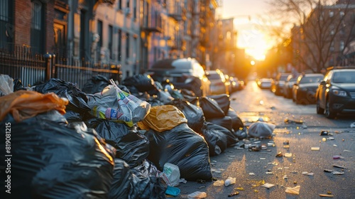 Piles of garbage bags lined up on a city street at sunset.
