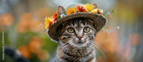 Tabby Cat Wearing Straw Hat