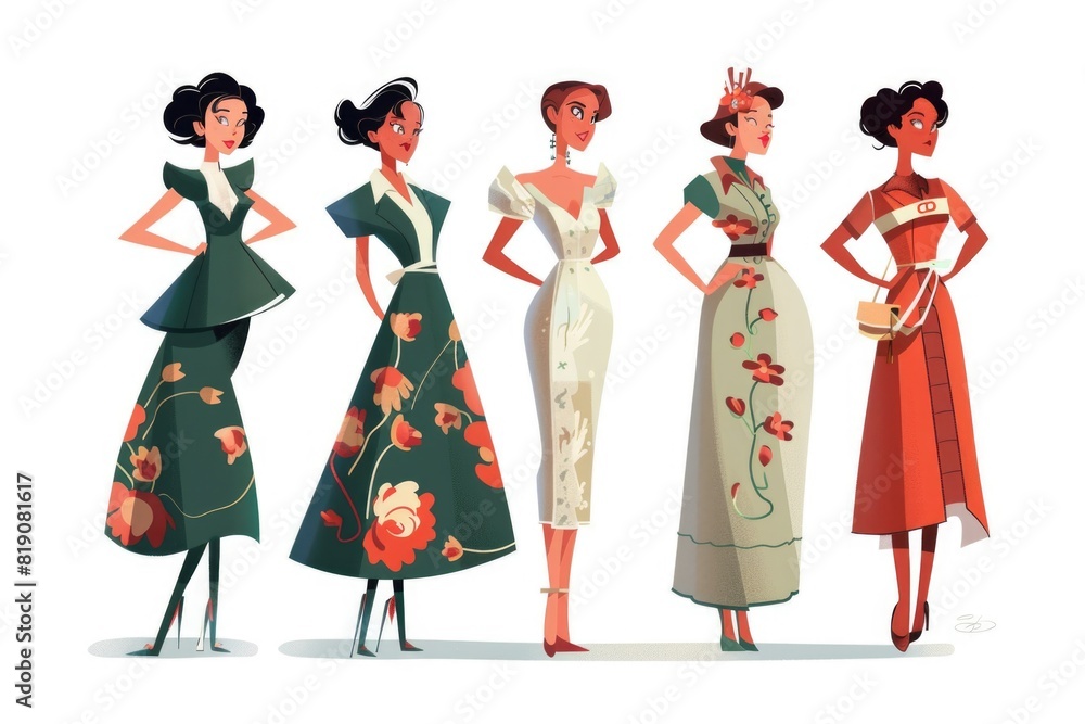 A group of women in dresses standing next to each other. Suitable for fashion or friendship concepts