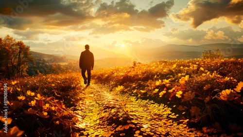 Man on path covered with golden coins - way to success and richness