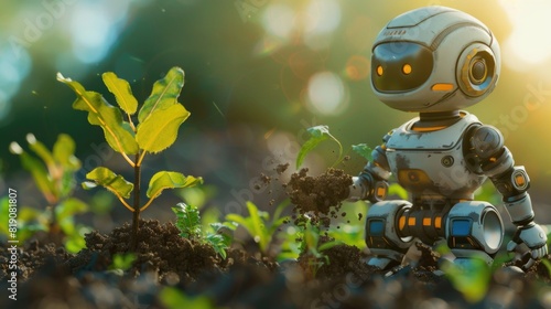  Farmer robot is planting a plant to save the environment