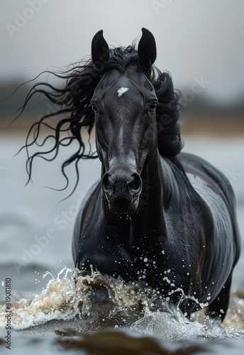 Black friesian horse runs gallop in the water with long mane © Анна Терелюк