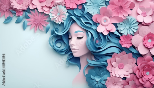 A woman with long blue hair is surrounded by pink and blue flowers