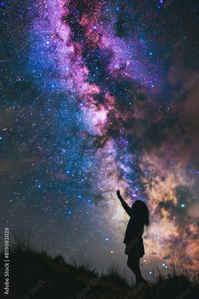 A woman is standing in the middle of a field of stars, reaching up to the sky A woman is standing in the middle of a field of stars, reaching up to the sky