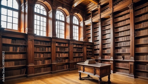 A grand library room, bathed in natural light, invites exploration with its towering wooden bookshelves filled with countless books.. AI Generation