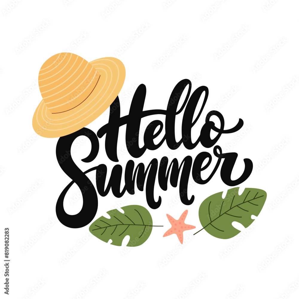 Hello summer quote on white background. Vector illustration of flat. Phrase for summer. Hello summer quote on white background. Vector illustration of flat. Phrase for summer.