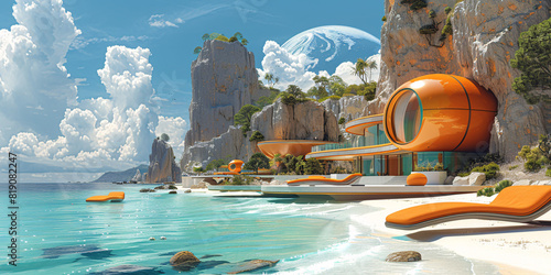 Flat illustration of a futuristic beach resort with hovering sunbeds