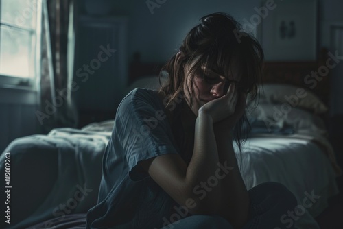 A woman sitting on a bed in a dark room. Ideal for illustrating loneliness or insomnia
