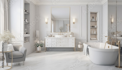 A bathroom with a white bathtub and a white chair