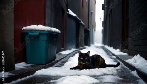 A watchful tortoiseshell cat lies on a snowy path between buildings, her golden eyes scanning the quiet alleyway.. AI Generation © Anastasiia