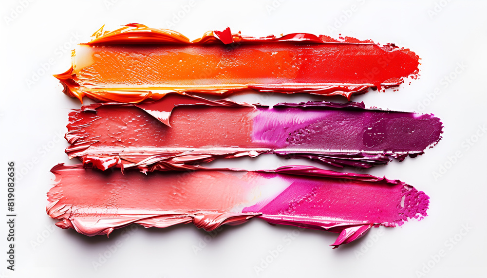 Smears of bright lipsticks on white background, top view Smears of bright lipsticks on white background, top view