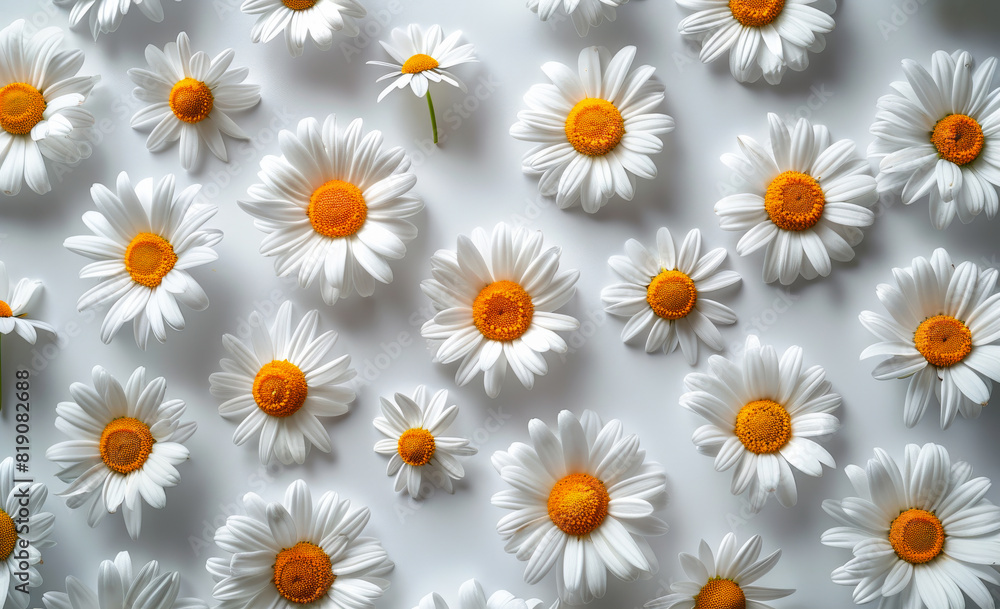 Fototapeta premium White daisies on white background. Collage of beautiful chamomile flowers