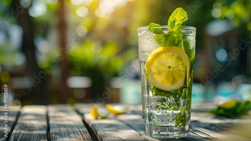 Refreshing lemonade with ice and mint leaves in a glass, set on a wooden table outdoors