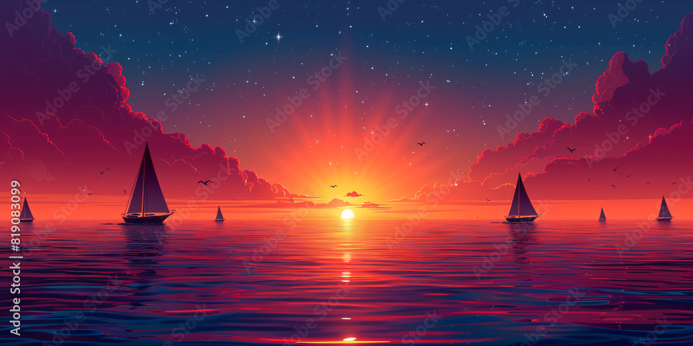 Naklejka premium Flat illustration of a sunset beach cruise with sailboats and dolphins