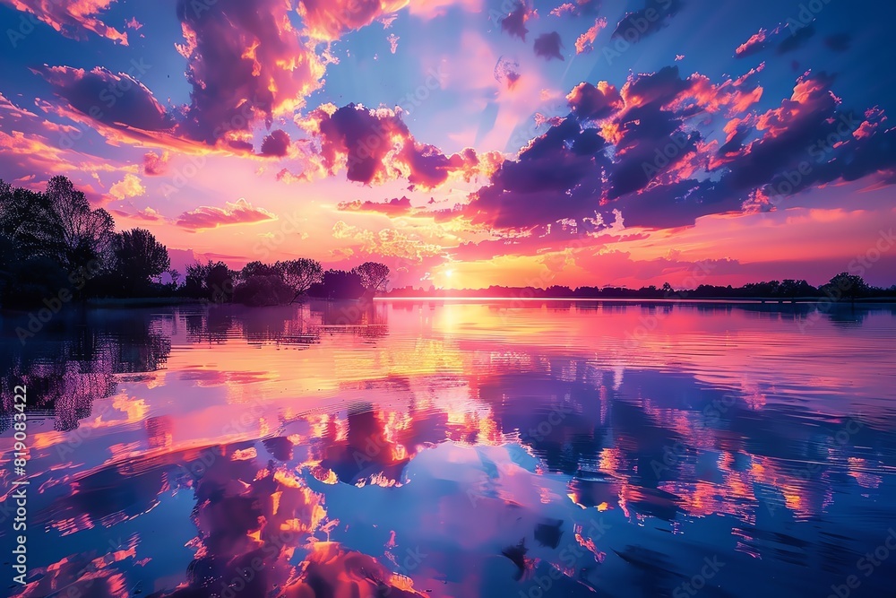 A mesmerizing sunset over a calm lake, with the skys colors beautifully reflected on the water, in a tranquil nature setting