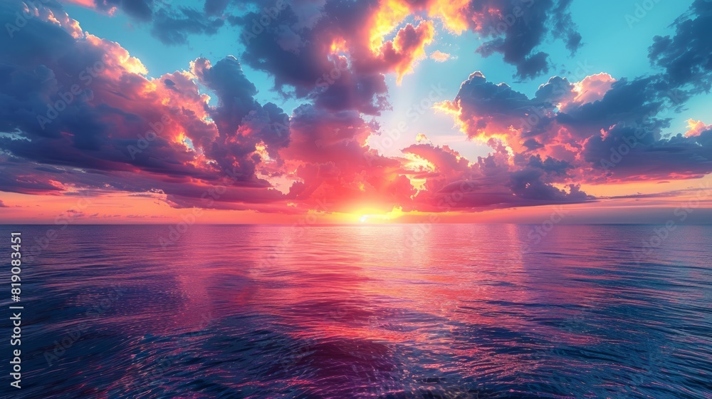 Stunning sunset over the ocean with dramatic clouds, reflecting on the calm water, creating a serene scene.