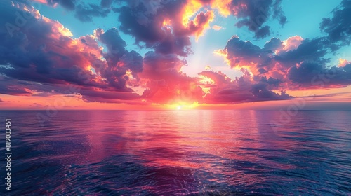 Stunning sunset over the ocean with dramatic clouds  reflecting on the calm water  creating a serene scene.