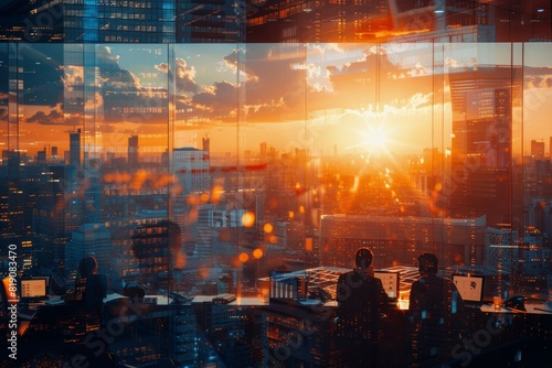 People Working in an Office With City View at Sunset