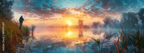 Man Fishing in Lake at Sunset