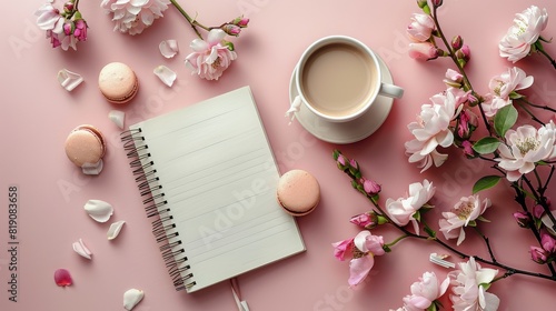 A Cup of Coffee, Macarons, and Roses on a Table