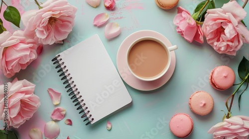 A Cup of Coffee, Macarons, and Roses on a Table