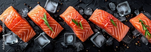 Sliced Salmon and Ice Cubes on Black Background