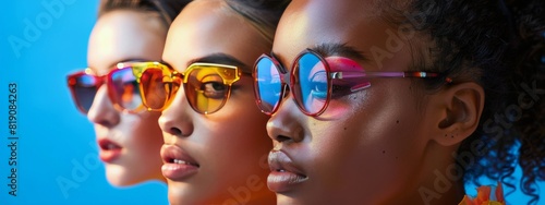 Group of Women Wearing Glasses in Front of Blue Background