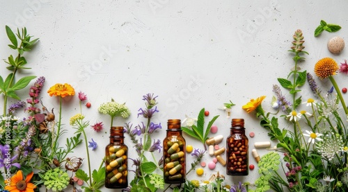 Group of Herbs and Medicine Bottles on White Background