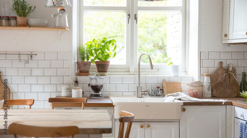 A sunny kitchen with white tile walls, a wooden table and sink. generative ai A sunny kitchen with white tile walls, a wooden table and sink. generative ai