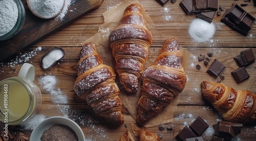 Croissants, Chocolate, Almonds, and Ingredients on Wooden Table