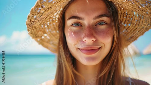 closeup shot of a good looking female tourist. Enjoy free time outdoors near the sea on the beach. Looking at the camera while relaxing on a clear day Poses for travel selfies smiling happy tropical #819084695