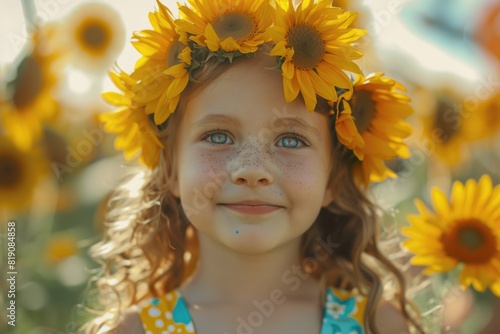 A young girl with sunflowers in her hair, perfect for summer designs