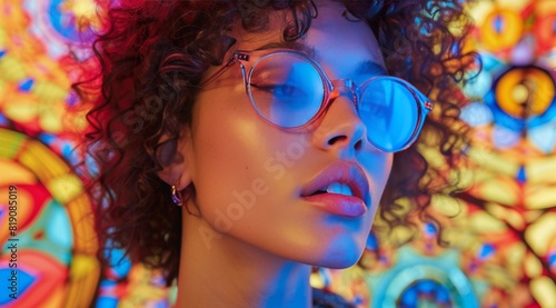 Woman Wearing Glasses in Front of Stained Glass Wall