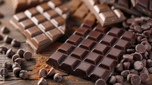 The image shows a variety of chocolate bars and chips. The chocolate bars are in different sizes and shapes, and the chips are in a bowl. The background is a wooden table.