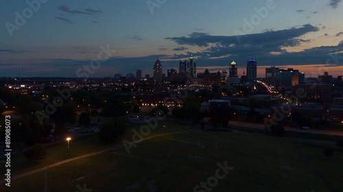 Aerial view of Kansas City skyline at dusk  viewed from Penn Valley Park. generative ai