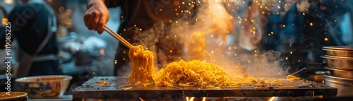 A classic street view of a yakisoba vendor flipping noodles on a hot griddle  with bystanders watching the skilled movements