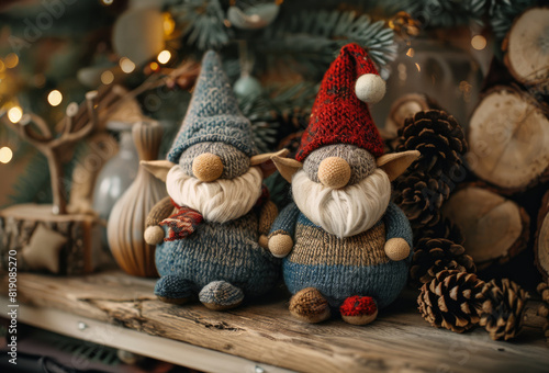 The gnomes are both wearing red and white hats and have long white beards. 