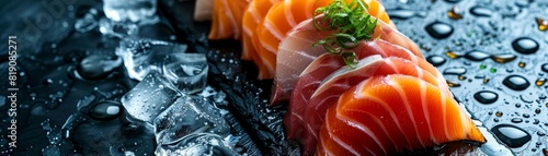 A closeup of a freshly sliced sashimi platter with salmon, tuna, and yellowtail, arranged elegantly on an icefilled, dark slate plate photo